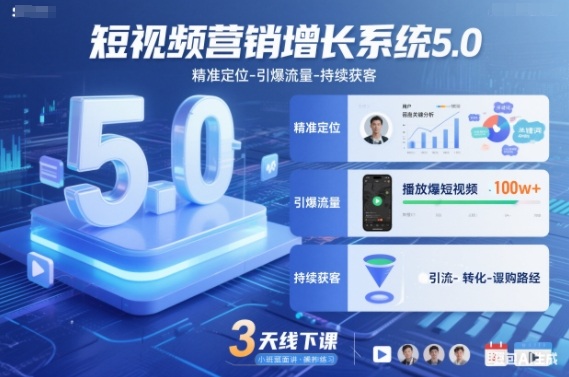 短视频营销增长系统5.0，精准定位-引爆流量-持续获客，3天线下课(音频+图片)-追逐云网创