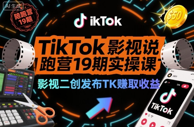 TikTok影视解说陪跑营19期实操课，影视二创发布TK賺取收益，万播收益50美金(更新)-追逐云网创