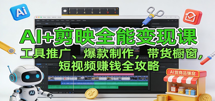 AI+剪映全能变现课：工具推广、爆款制作、带货橱窗，短视频赚钱全攻略-追逐云网创