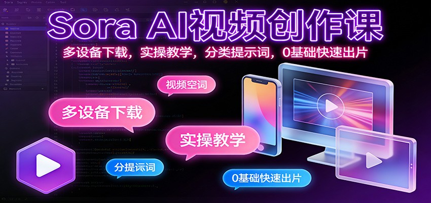 Sora AI视频创作课：多设备下载，实操教学，分类提示词，0基础快速出片-追逐云网创