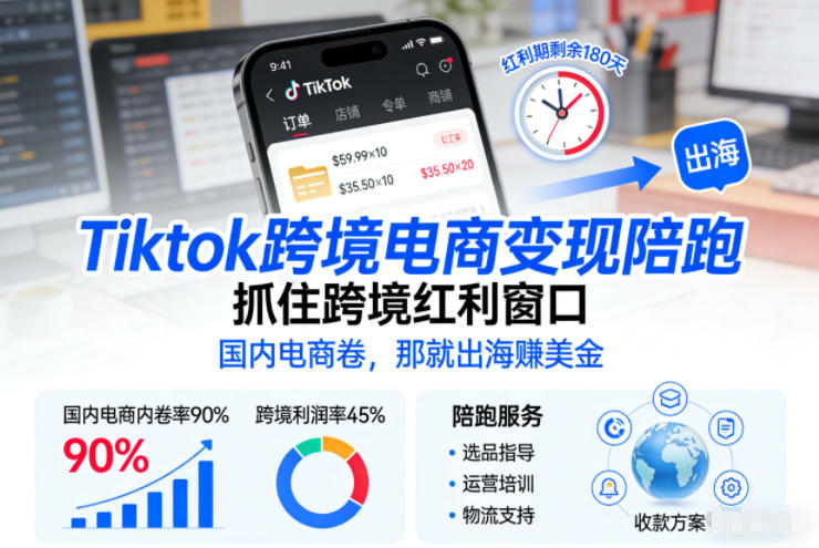 Tiktok跨境电商变现陪跑，抓住跨境红利窗口，国内电商卷，那就出海賺美金-追逐云网创