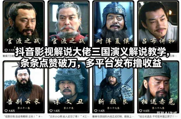 抖音影视解说大佬三国演义解说教学，条条点赞破万，多平台发布撸收益-追逐云网创