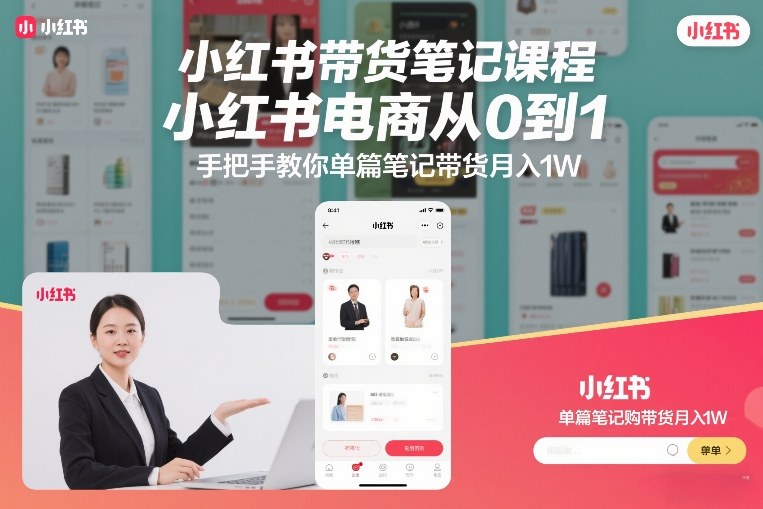 小红书带货笔记课程，小红书电商从0到1，手把手教你单篇笔记带货月入1W-一个小目标云网创