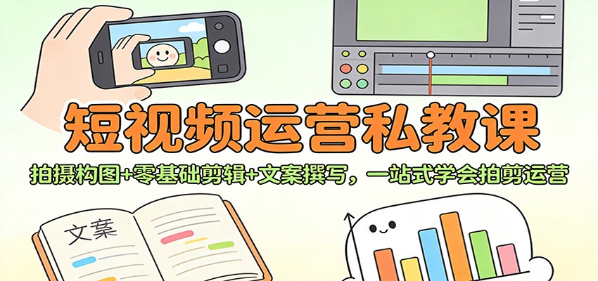 短视频运营私教课：拍摄构图+零基础剪辑 +文案撰写，一站式学会拍剪运营-追逐云网创