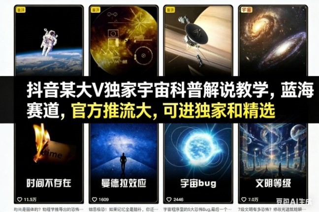 抖音某大V独家宇宙科普解说教学，蓝海赛道，官方推流大，可进独家和精选-追逐云网创