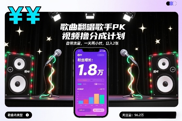 歌曲翻唱歌手PK视频撸分成计划，自带流量，一天两小时，日入2张-追逐云网创
