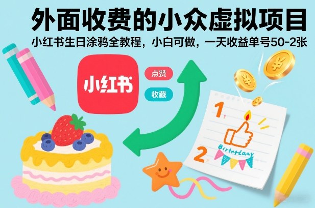 外面收费的小众虚拟项目，小红书生日涂鸦全教程，小白可做，一天收益单号50-2张-追逐云网创