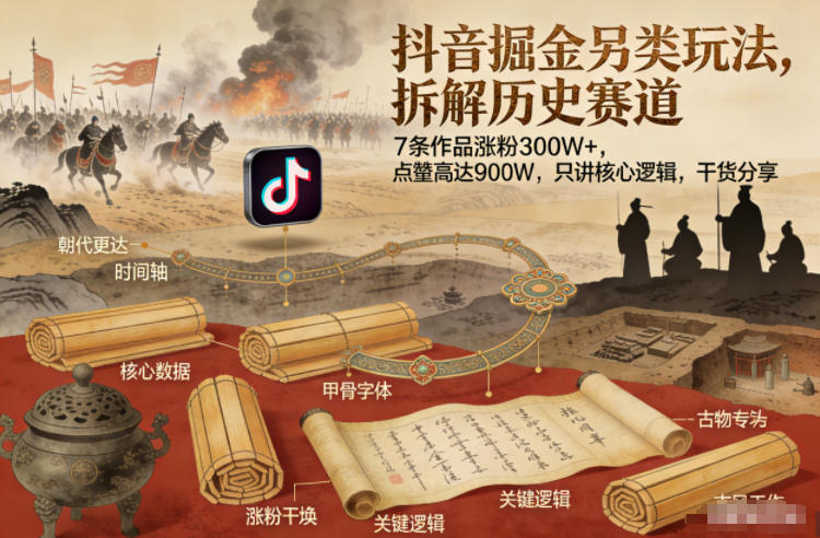 抖音掘金另类玩法，拆解历史赛道，7条作品涨粉300W+，点赞量高达900W，只讲核心逻辑，干货分享-追逐云网创