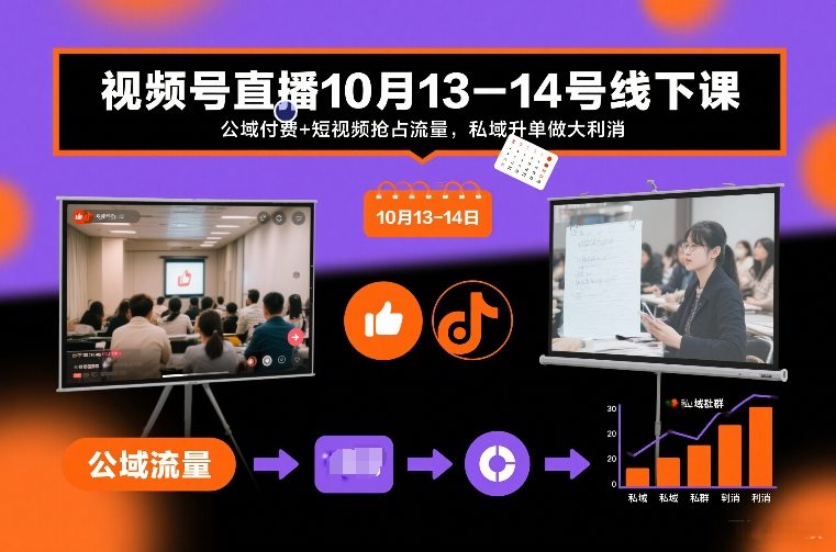 视频号直播10月13-14号线下课，公域付费+短视频抢占流量，私域升单做大利消-追逐云网创