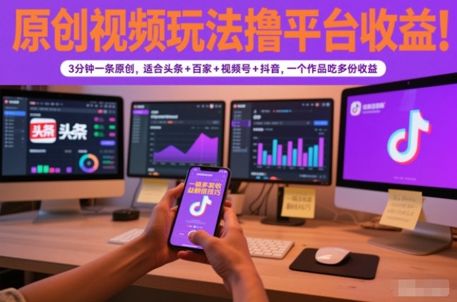 原创视频玩法撸平台收益，3分钟一条原创，适合头条+百家+视频号+抖音，一个作品吃多份收益-追逐云网创