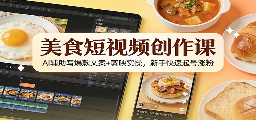 美食短视频创作课：AI辅助写爆款文案+剪映实操，新手快速起号涨粉-一个小目标云网创