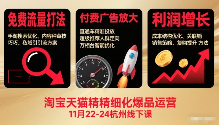 淘宝天猫精细化爆品运营11月22-24杭州线下课，免费流量打法+付费广告放大+利润增长(音频+文档)-追逐云网创