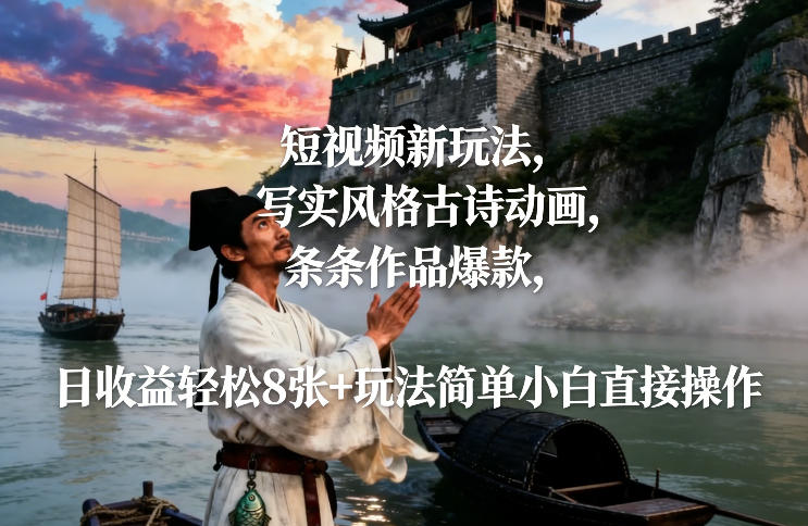 短视频新玩法，写实风格古诗动画，条条作品爆款，日收益轻松8张+玩法简单小白直接操作-追逐云网创