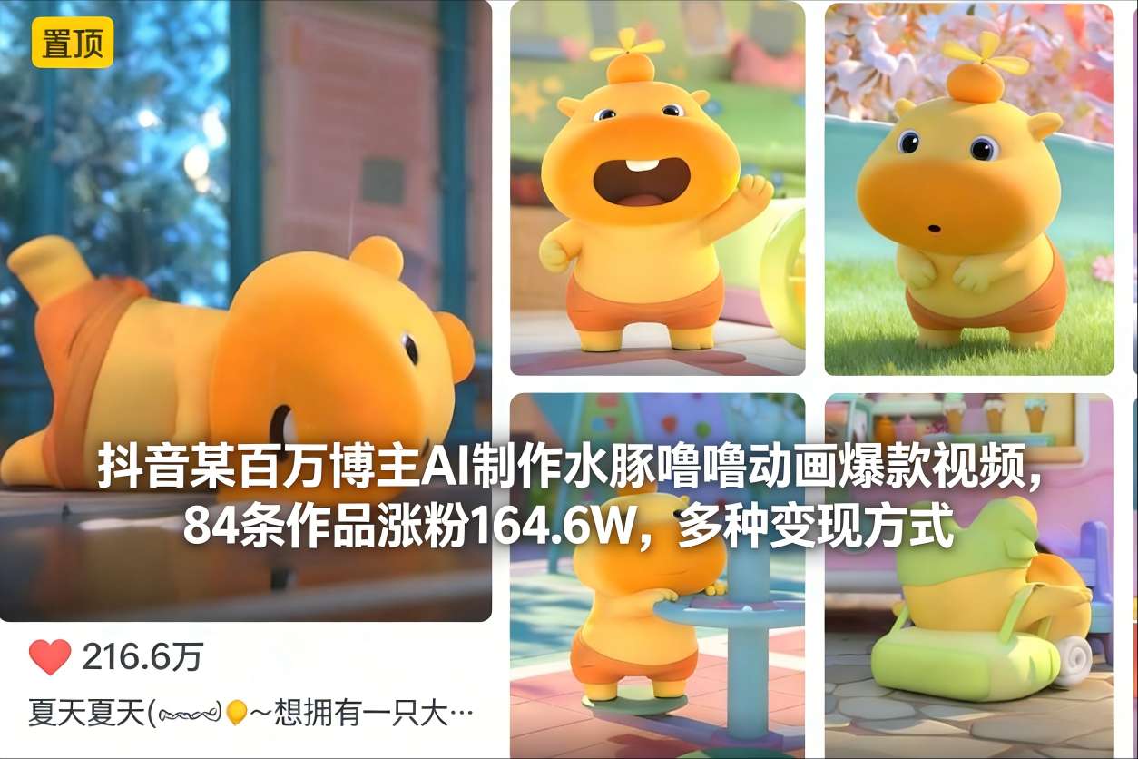 抖音某百万博主AI制作水豚噜噜动画爆款视频，84条作品涨粉164.6W，多种变现方式-追逐云网创