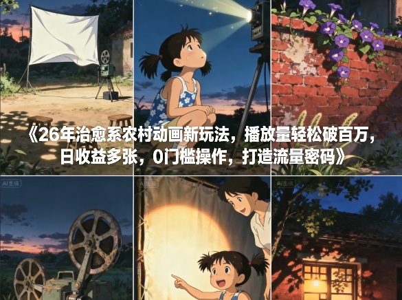 26年治愈系农村动画新玩法，播放量轻松破百万，日收益多张，0门槛操作，打造流量密码-追逐云网创